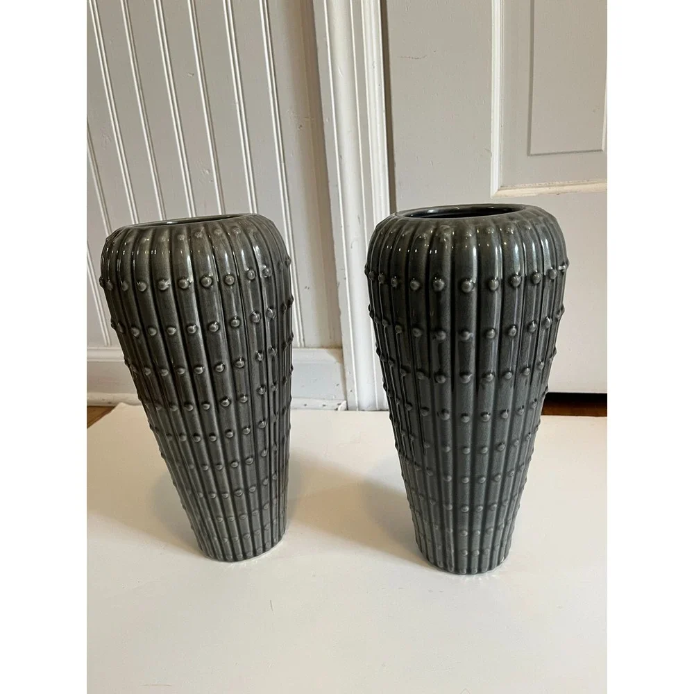 Dot Ceramic Gray GLAZE w/dots pair of Vases Home‎ Decor 10.5 in. tall